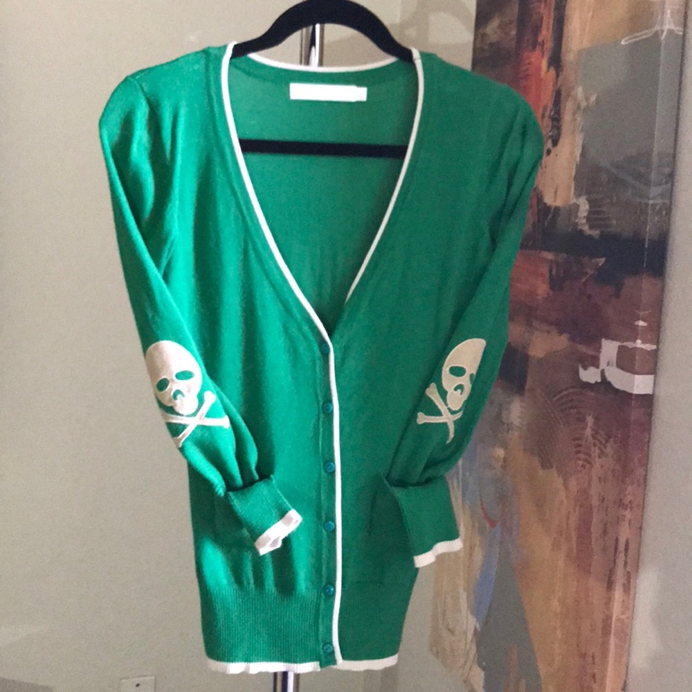 Skull elbow patches button up green sweater